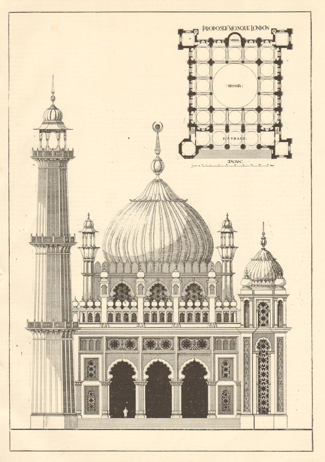 Proposed Mosque London. Pan-Islamic Society of London. Sketch & plan 1906